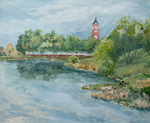 Fototapeta na wymiar rural landscape with a church on the river bank