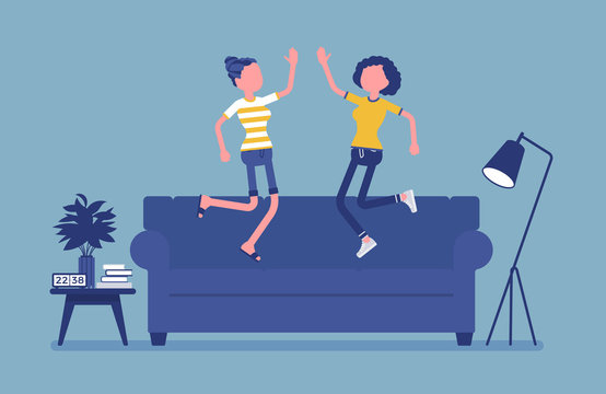 Roommate Friends Enjoy Living Together. Happy Young Girls Occupying Same Flat, House Or Room, Students Share Rented Apartment, Jumping On A Coach In Hostel. Vector Illustration, Faceless Characters