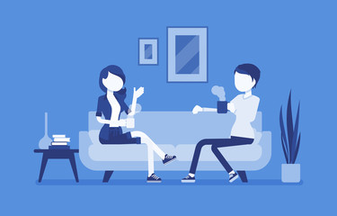 Fototapeta premium Roommate friends enjoy living together. Young girls occupying one flat, house, room, students share rented apartment, relax on a coach in hostel, lodging. Vector illustration, faceless character
