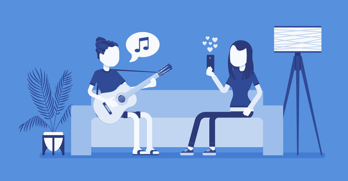 Roommate friends streaming. Young girls playing guitar, singing, listening to music or watching in real time, show, enjoy internet videos and of live events. Vector illustration, faceless character