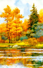 Fototapeta na wymiar Autumnal forest on the lake