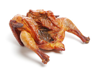 Whole roasted chicken against white background