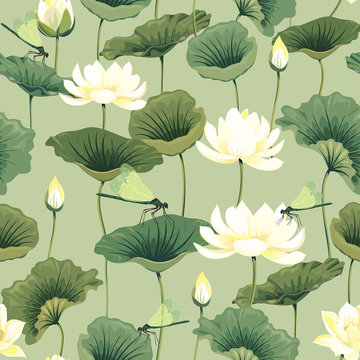 Seamless pattern with lotuses and dragonflies