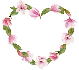Watercolor magnolia flowers heart shaped illustration isolated on white background.