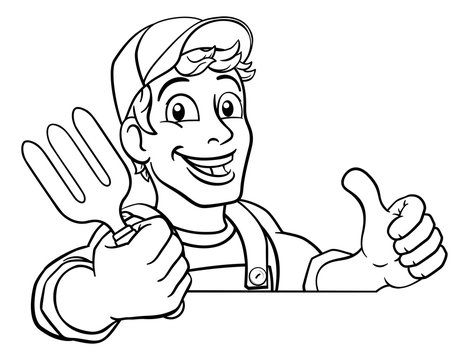 gardener thumbs up, holding fork, black and white clip art preview