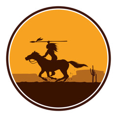 Silhouette of Native American Indian riding horseback with a spear in a round shape, Vector