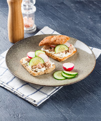 Delicious tuna sandwich, served with radish and cucumber