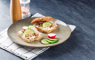 Delicious tuna sandwich, served with radish and cucumber