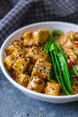Tofu General Tao with Snow Pea and Fried Rice 