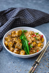 Tofu General Tao with Snow Pea and Fried Rice 