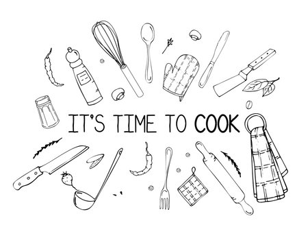 Hand drawn illustration with Kitchen Utensils. Actual vector drawing of coocking tools and quote. Creative doodle style ink art work. Kitchen set and text IT'S TIME TO COOK