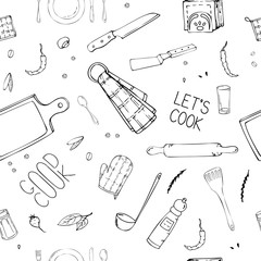Hand drawn seamless pattern with Kitchen Utensils.Original doodle style drawing for actual design. Creative ink art work