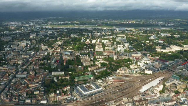 Aerial view of Geneva cityscape and distand airport, Switzerland