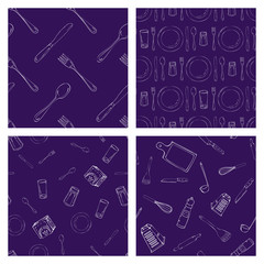 Set of hand drawn seamless pattern with Kitchen Utensils. Original doodle style drawing for actual design.