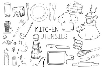 Set of hand drawn illustration with Kitchen Utensils. Actual vector drawing of coocking tools: dish, fork, spoon, knife, rolling pin, apron, cook cap, spatula, ladle and more. Doodle style drawing.