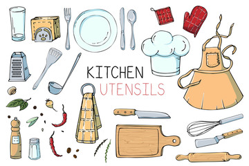 Set of hand drawn illustration with Kitchen Utensils. Actual vector drawing of coocking tools: dish, fork, spoon, knife, rolling pin, apron, cook cap, spatula, ladle and more. Doodle style drawing.
