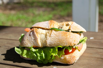 Delicious sandwich with cream and salad close up
