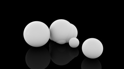 3D rendering of many scattered white balls on a black reflective surface. Futuristic image of abstract geometric shapes.