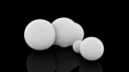 3D rendering of many scattered white balls on a black reflective surface. Futuristic image of abstract geometric shapes.