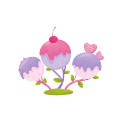 Three balls of ice cream on striped stems with leaves. Vector illustration on white background.