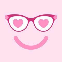 Smiling abstract lover face. Glasses with a heart icon. Symbol of love concept. Vector illustration