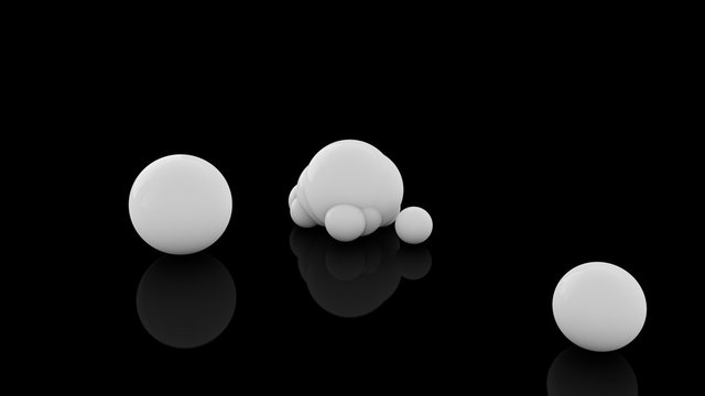 3D rendering of many scattered white balls on a black reflective surface. Futuristic image of abstract geometric shapes.