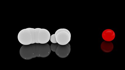 3D rendering of a multitude of scattered white balls on a black reflective surface and one red Veta sphere. Futuristic image of abstract geometric shapes.