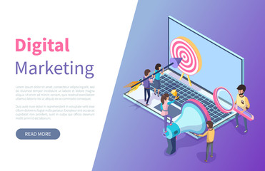 Business and digital marketing online webpage or site template vector. Internet promotion, target and arrow, laptop and loudspeaker, landing page