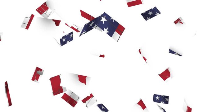 An animated video of moving mosaic pieces of a thumbs up gesture with an American flag forming a picture.