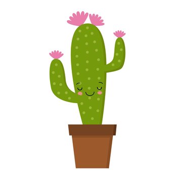 Cartoon cactus character with flower and cute face. Kawaii potted plant vector illustration.