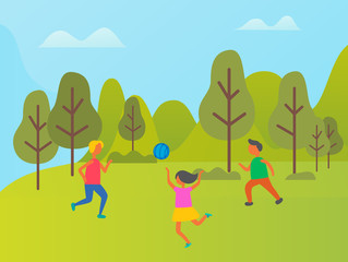 People playing volleyball outdoor, friends or family in sportwear relaxing, cloudy sky and green forest. Full length view of girls and boy vector