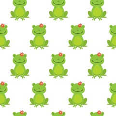 Nice happy cartoon seamless vector pattern with frogs and flowers