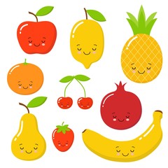 vector set of cute fruit. very sweet apple, watermelon, avocado, pear, lemon, strawberry, pineapple.