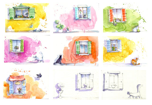 Watercolor sketches of houses, Italian houses