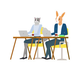 Cat and rabbit in casual clothes working with wireless pc, hipster animal using laptop at desktop, character with computer, workplace or office vector