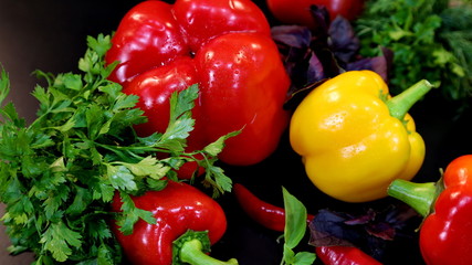 Juicy fresh pepper and green parsley. The combination of red, yellow, green