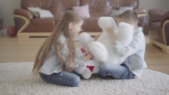 Twins boy and girl sit in living room on the floor and dont know how to share between them a big taddy bear. Kids pulling toy to each other to own it