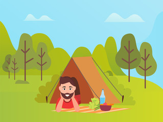 Obraz na płótnie Canvas Man lying in tent, smiling boy with beard on mat with bottle and food, green trees and mountain landscape, cloudy sky. Adventure and tourism vector