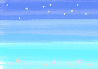 Fototapeta na wymiar 空に星　海に星　水彩パステル風の夏の風景　Adobe CC