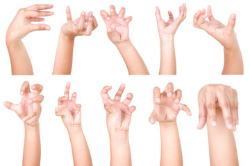 Multiple Boy hand gestures isolated over the white background, set of multiple images