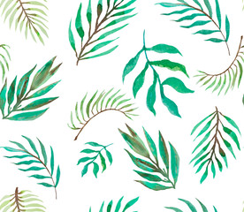 Seamless pattern with watercolor tropical leaves and plants. Hand painted jungle greenery background
