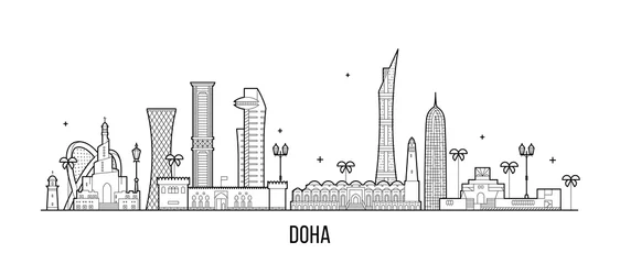Fotobehang Doha skyline Qatar city buildings vector linear © Alexandr Bakanov