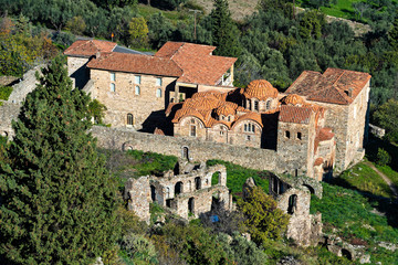 Fototapeta na wymiar Part of the byzantine archaeological site of Mystras in Peloponnese, Greece. View of the Metropolis of Saint Demetrios and the Archaeological Museum of Mystras