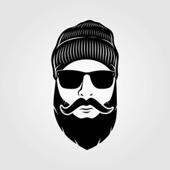 Bearded men in knit hat, hipster face. Fashion silhouette, emblem, icon, label. Vector illustration.