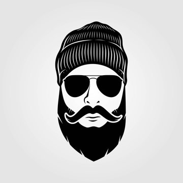 Bearded men in knit hat, hipster face. Fashion silhouette, emblem, icon, label. Vector illustration.