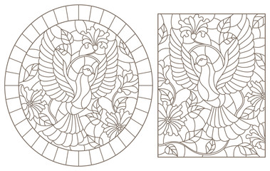 A set of contour illustrations of stained glass Windows with flying pigeons on a background of colors, dark contours on a white background