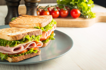 Close-up of two sandwiches with bacon, salami, prosciutto and fresh vegetables on rustic wooden cutting board. Club sandwich concept.