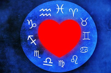 zodiac astrology circle with Heart signs on dark blur background. - Illustration