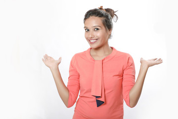 young indian girl Standing isolated over white background