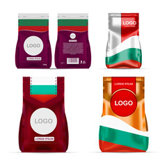 Foil food snack sachet bag packaging for coffee, salt, sugar, pepper, spices, sachet, sweets, chips, cookies colored in national flag of Bulgaria. Made in Bulgaria